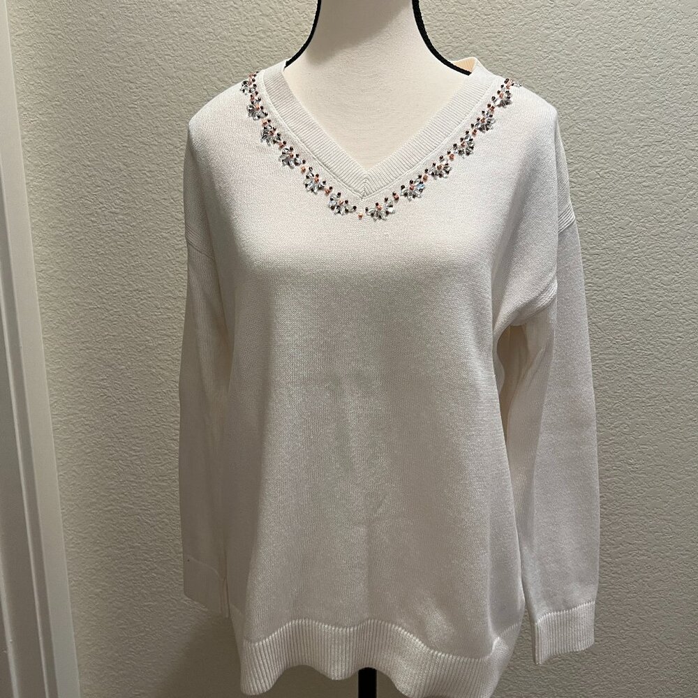Talbots Beaded V-Neck Sweater, Ivory, Size S